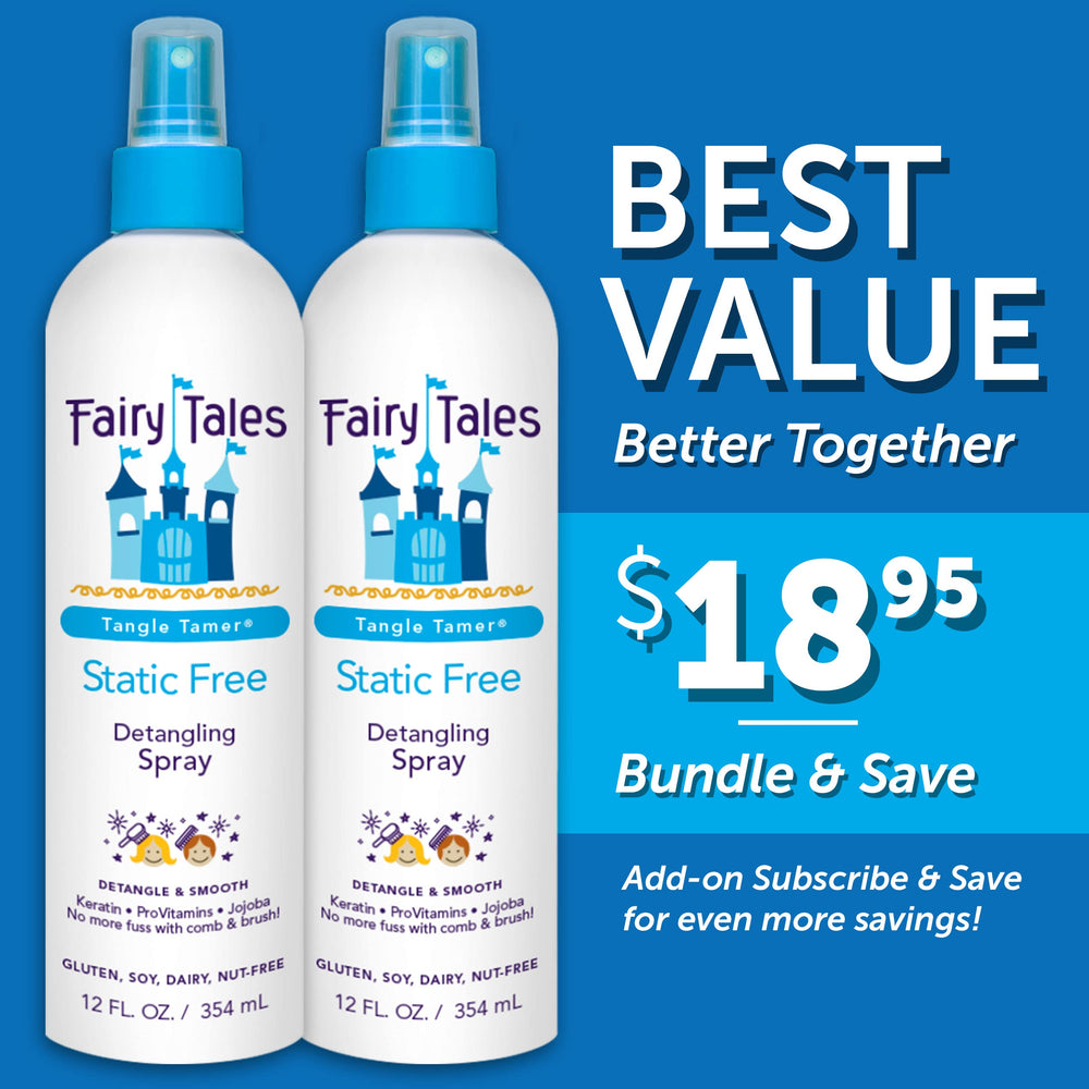 Fairy Tales Tangle Tamer child applying spray for quick detangling.