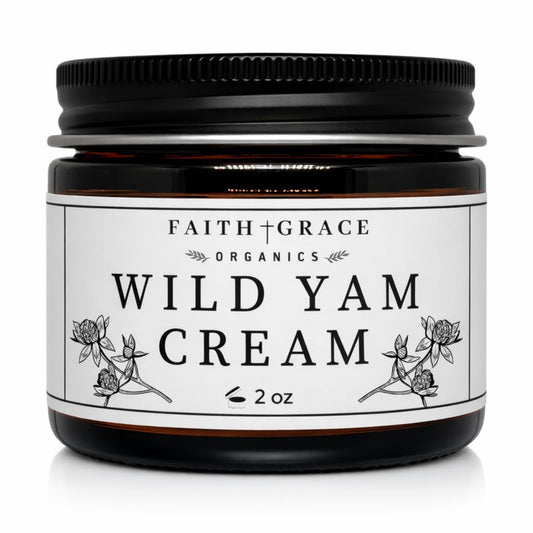 Faith and Grace Organics Wild Yam Cream bottle highlighting organic formula for hormonal balance.