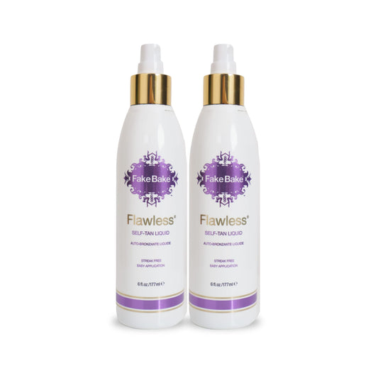 Fake Bake Flawless self-tanning liquid bottle showing quick-dry formula for a natural glow