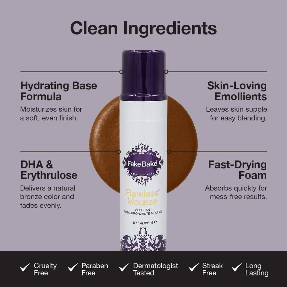 Fake Bake Flawless self tanning mousse close-up texture shows creamy, easy blend