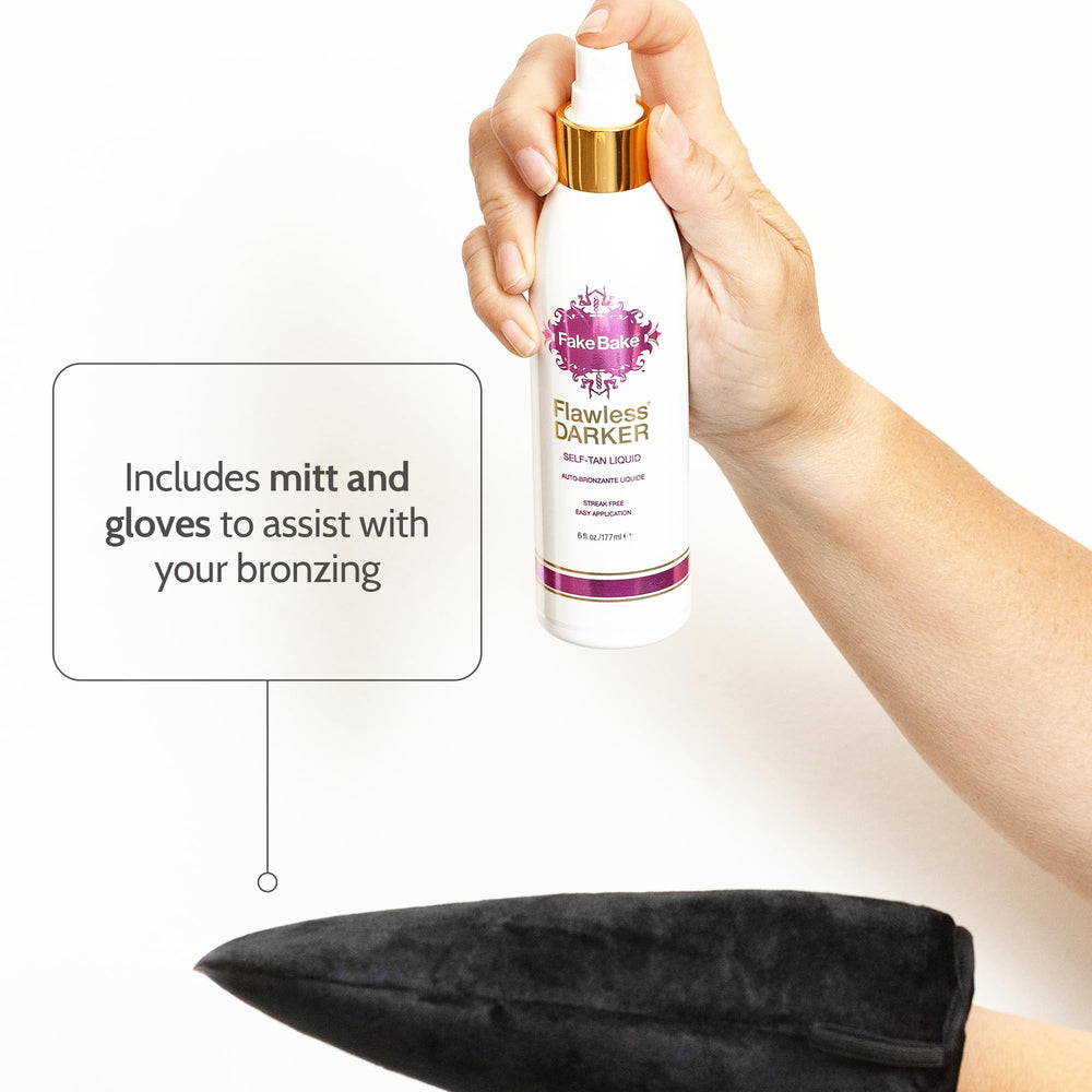 Fake Bake Self Tanning Liquid Flawless Darker included gloves for precise bronzing.