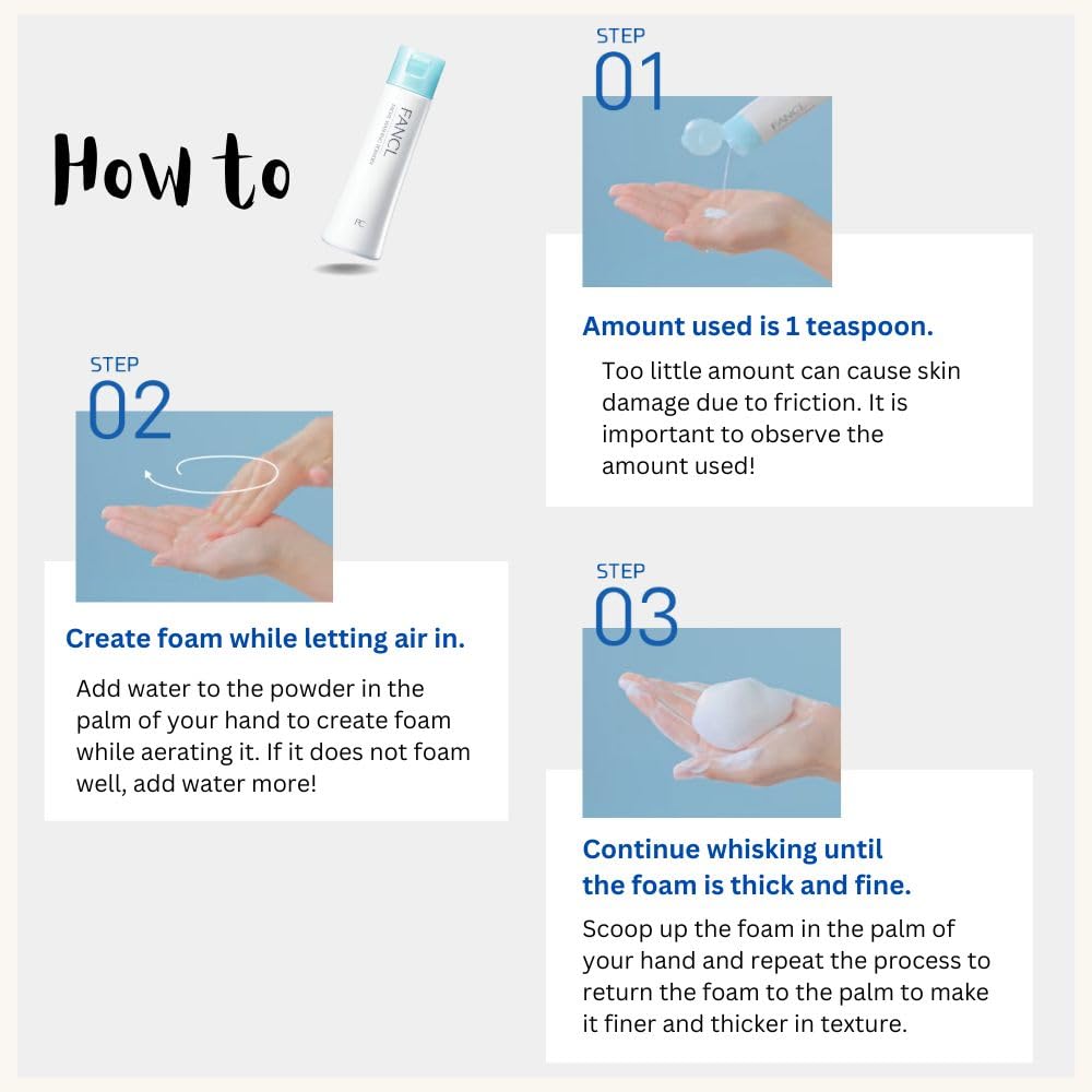 FANCL cleansing powder in water forms a rich foam for effective cleansing