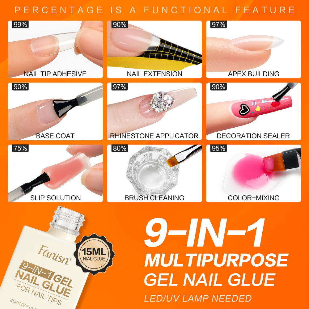 Gel nail glue bonding action on clear tips for strong adhesion with Fanisn.