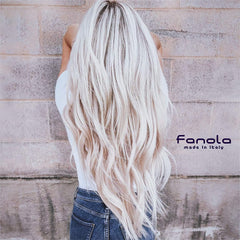 Color swatches showcasing cool blonde, silver, and gray tones with Fanola formula.