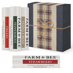 Farm & Bee lip balm pack close-up showing compact tubes for daily moisture.