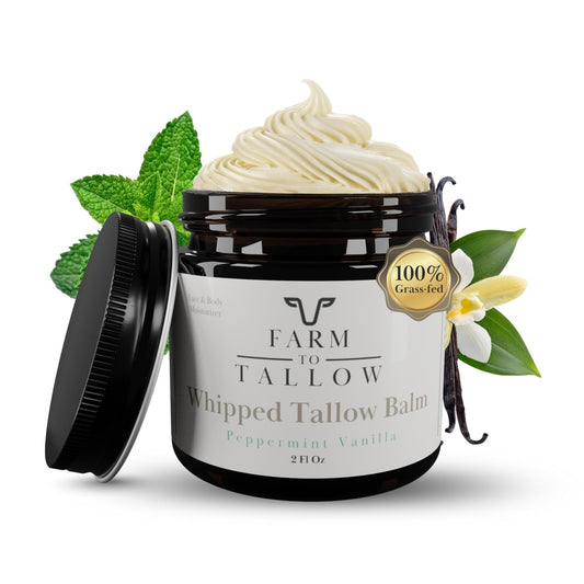 FARM TO TALLOW grass-fed beef tallow moisturizer jar delivers rich hydration.
