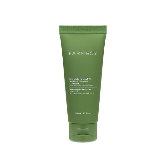 Farmacy foaming face wash bottle demonstrates oil-free cleansing and gentle pore care.