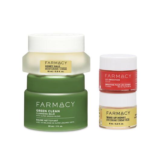 Farmacy Green Clean cleansing balm jar shows balm texture for gentle makeup removal.