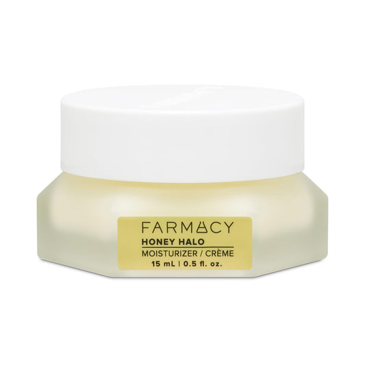 Farmacy Honey Halo bottle closeup showing ceramide moisturizer for deep hydration.