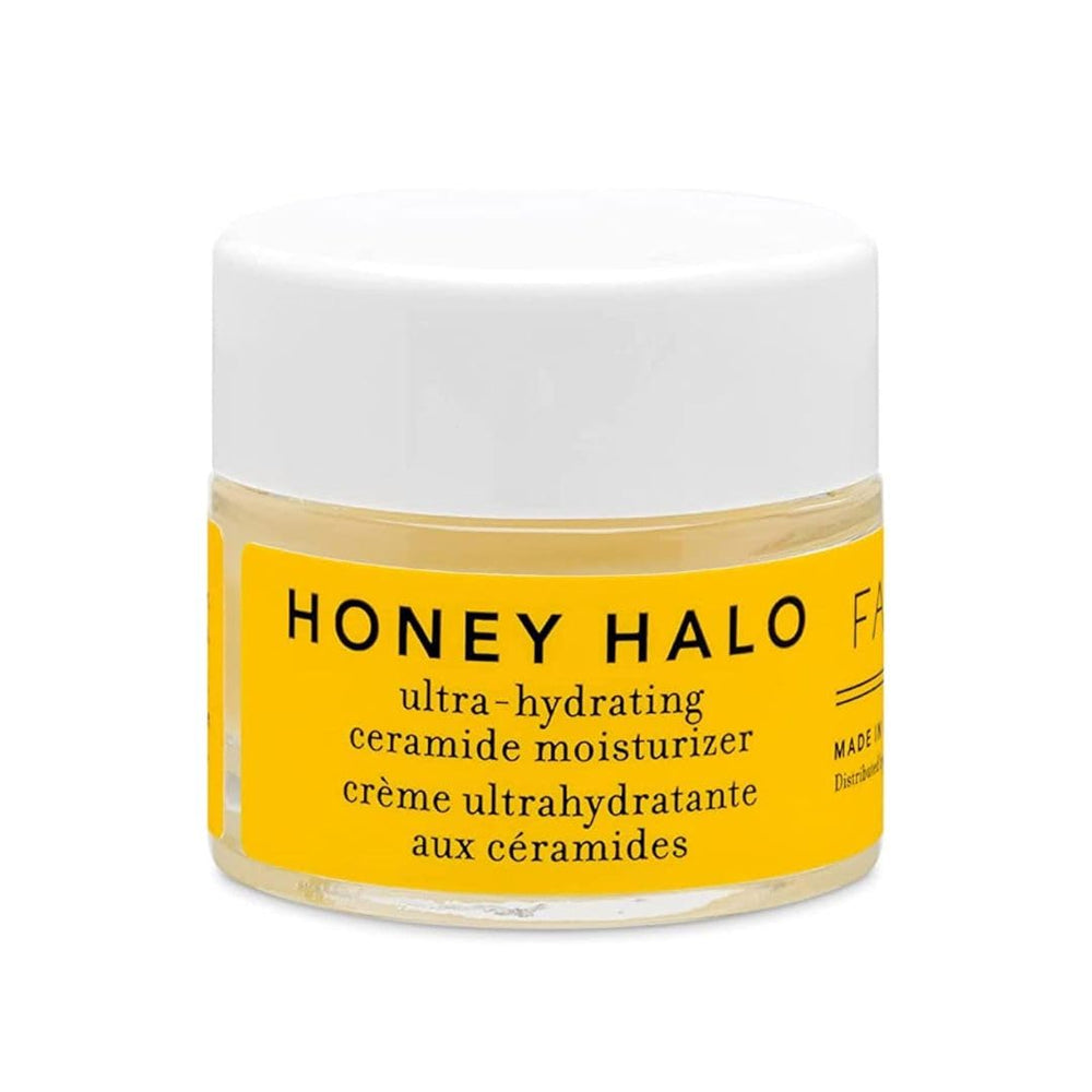 Farmacy Honey Halo jar closeup shows rich hydration for dry skin.