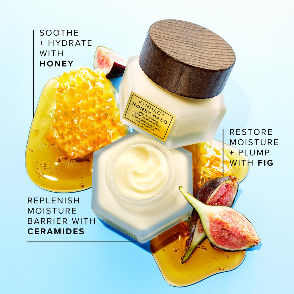 Farmacy Honey Halo shea butter and vitamin E lock in moisture.