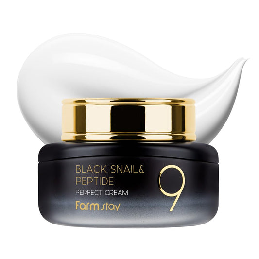 FarmStay Black Snail & Peptide 9 Perfect Cream bottle close-up for daily hydration.