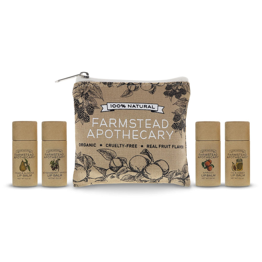Farmstead Apothecary lip balm gift set with reusable pouch for travel hydration.