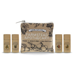 Farmstead Apothecary lip balm gift set with reusable pouch for travel hydration.