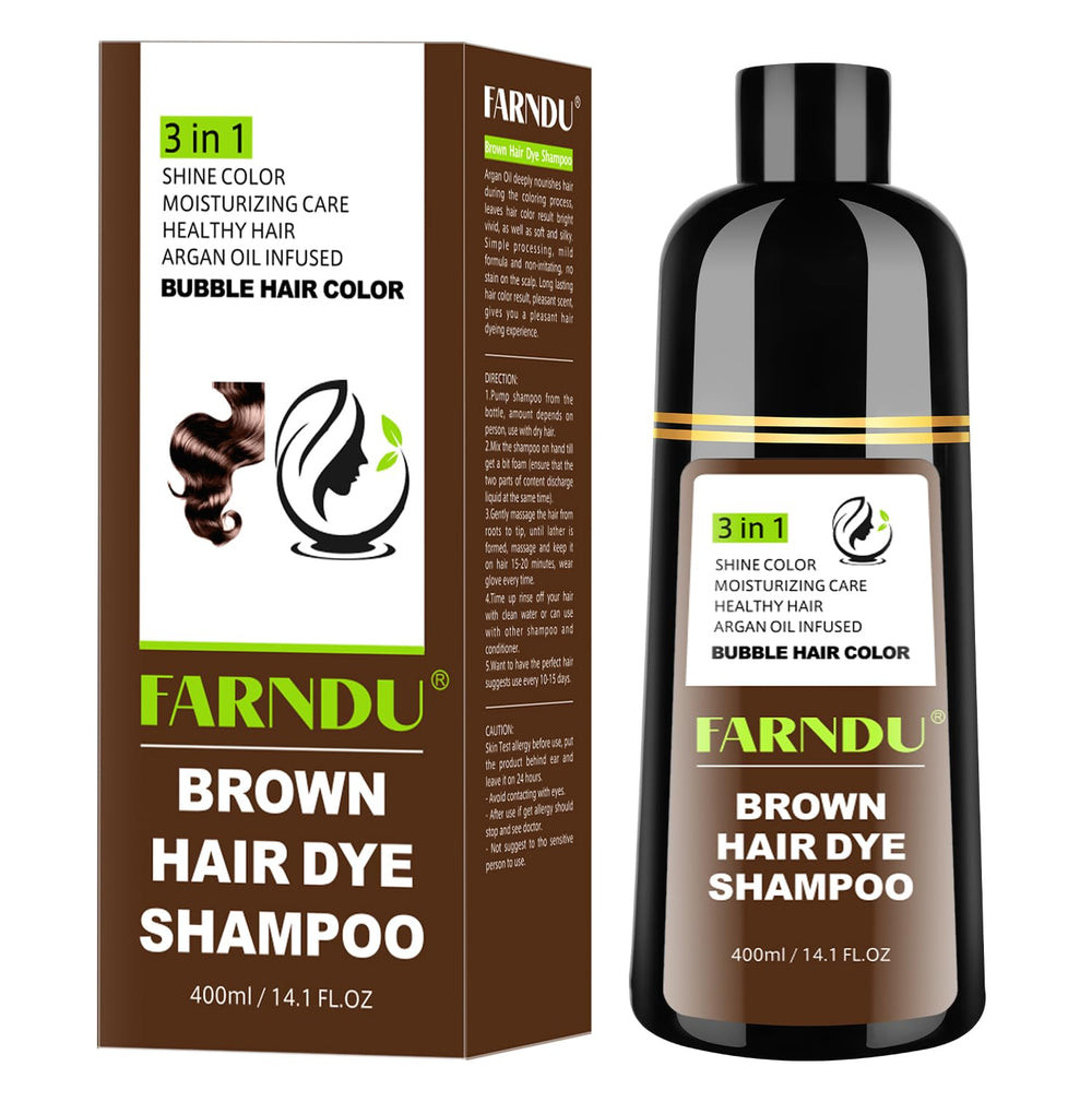 Farndu Brown Hair Dye Shampoo bottle with pump for easy application and even coverage.