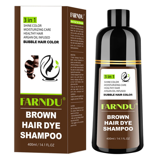 Farndu Brown Hair Dye Shampoo bottle with pump for easy application and even coverage.