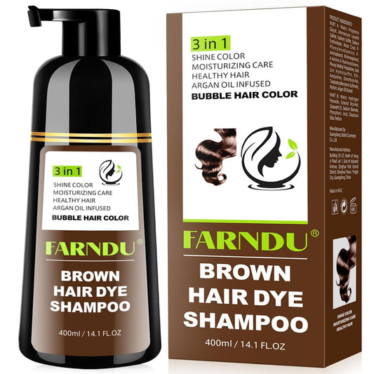Farndu Brown Hair Dye Shampoo bottle highlighting 3-in-1 color and conditioning benefits.