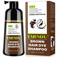 Farndu Brown Hair Dye Shampoo bottle highlighting 3-in-1 color and conditioning benefits.