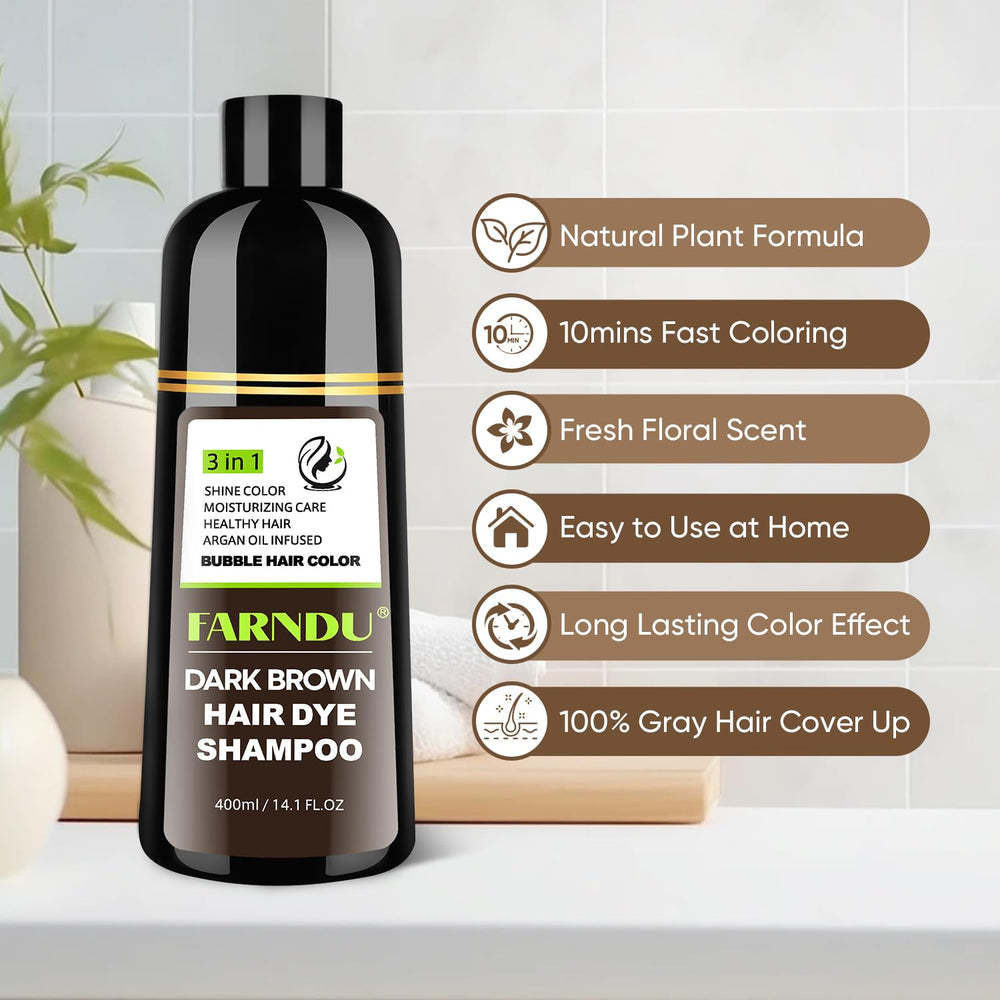 Farndu Dark Brown Hair Dye Shampoo color lasting up to 180 days.