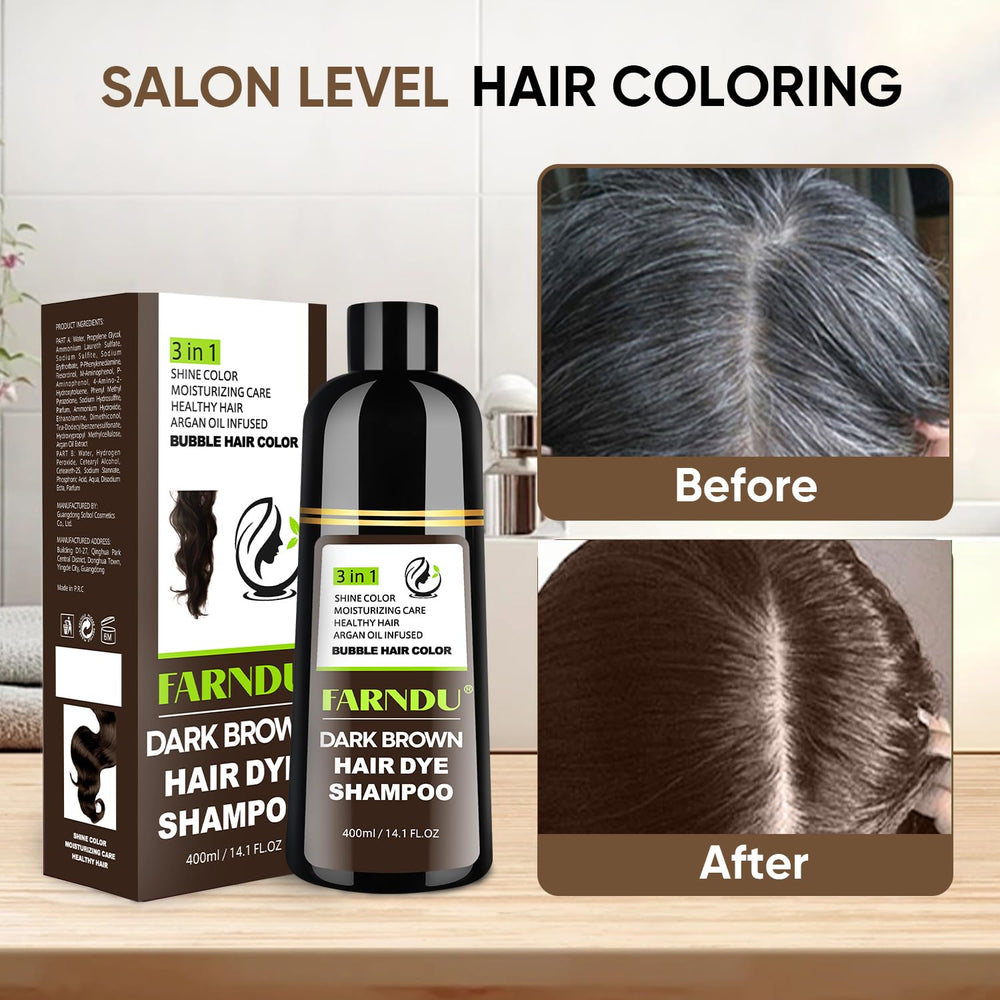 Farndu Dark Brown Hair Dye Shampoo at-home salon-like color experience.