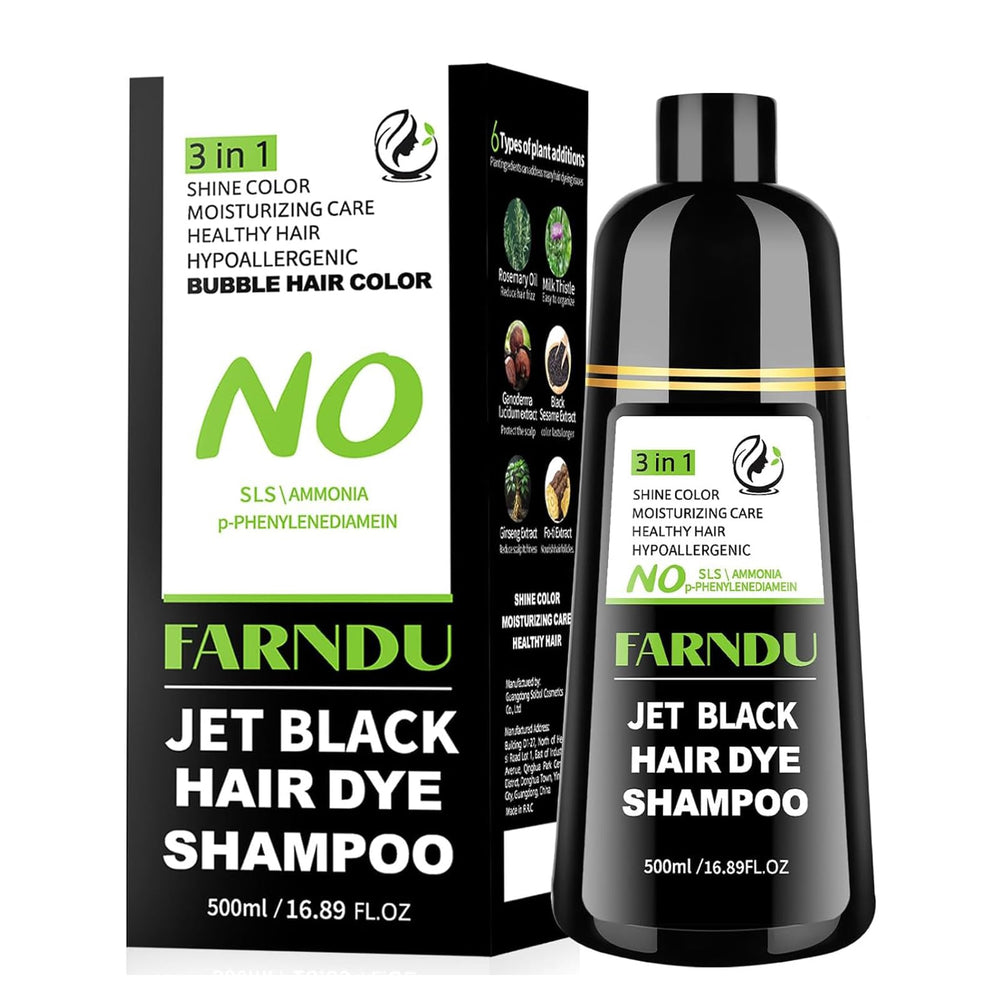 Farndu Jet Black Hair Dye Shampoo applying for even gray coverage at home.