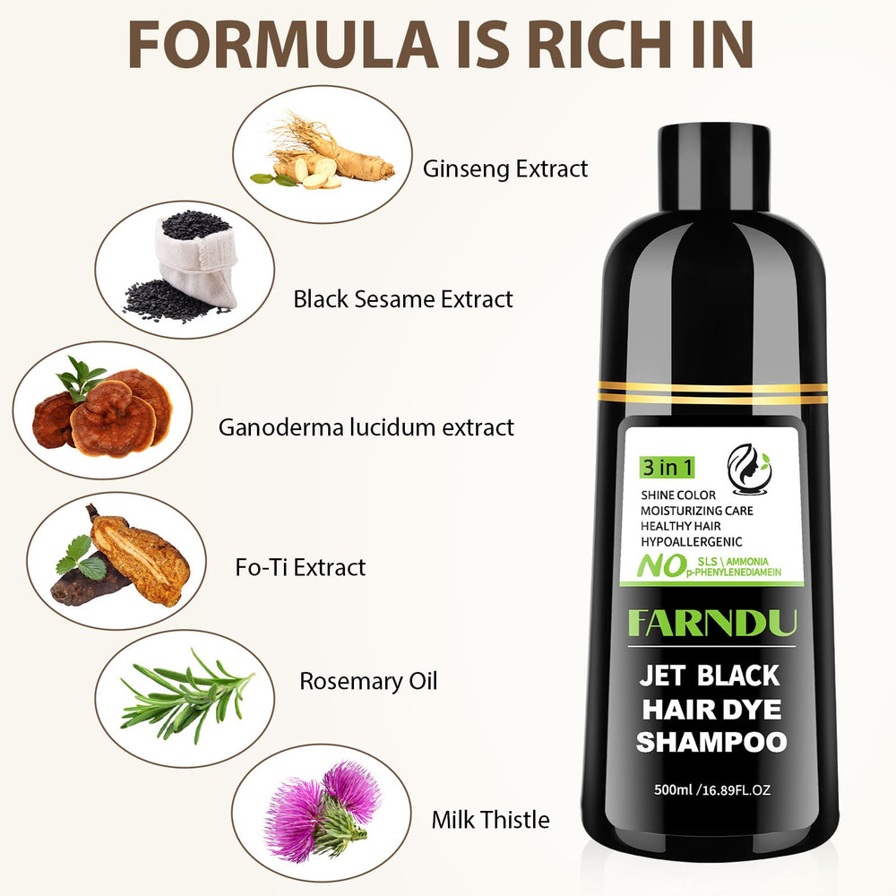 Farndu Jet Black Shampoo coverage on hair.