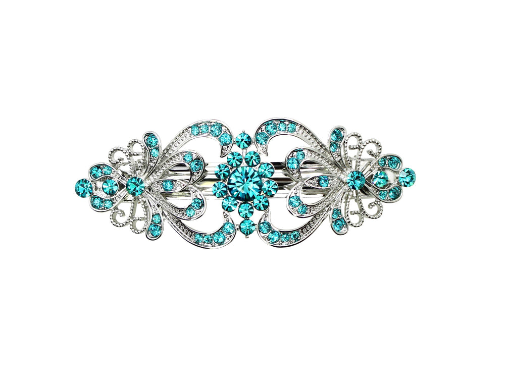 Faship teal rhinestone floral barrette sparkles in bridal hair