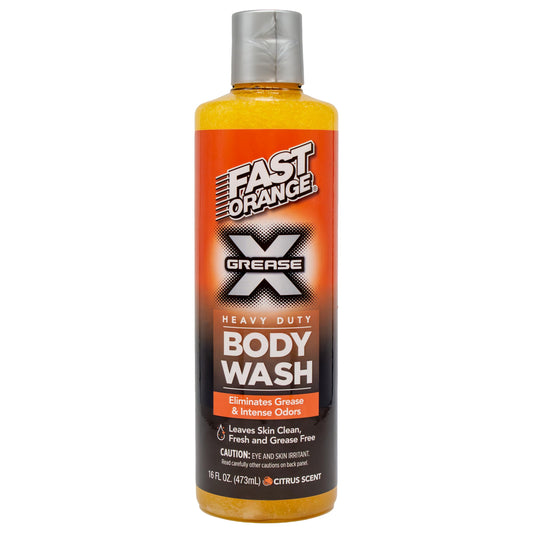 Fast Orange Grease X Body Wash bottle with citrus scent for grime removal