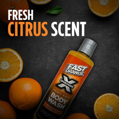 Fast Orange Grease X Body Wash label closeup highlighting citrus fragrance