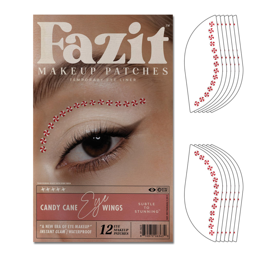 Fazit candy cane eye wing patches applied for precise festive eyeliner enhancement.