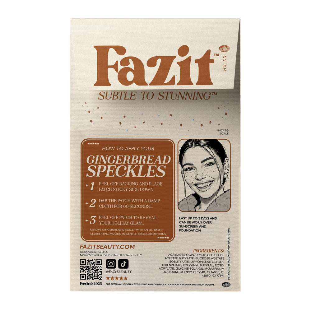 Fazit Gingerbread Speckles patch on cheek for a festive, party-ready look.