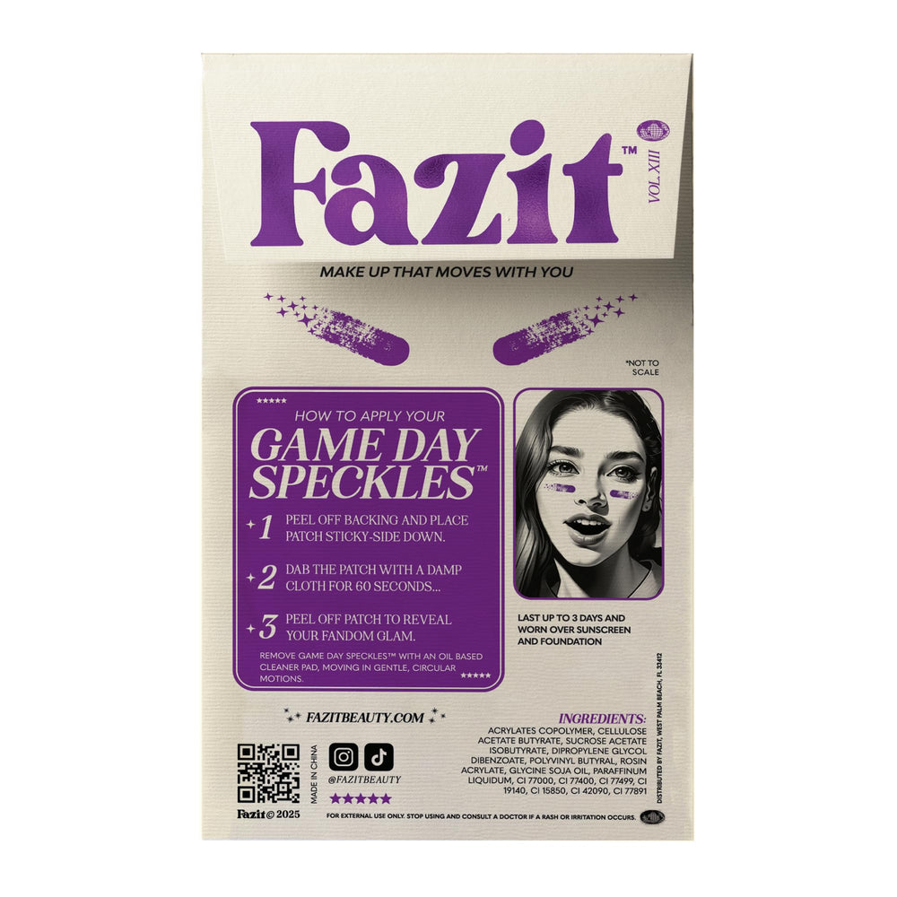 Fazit Glow Up patches showcase purple glitter for a radiant festival-ready look.