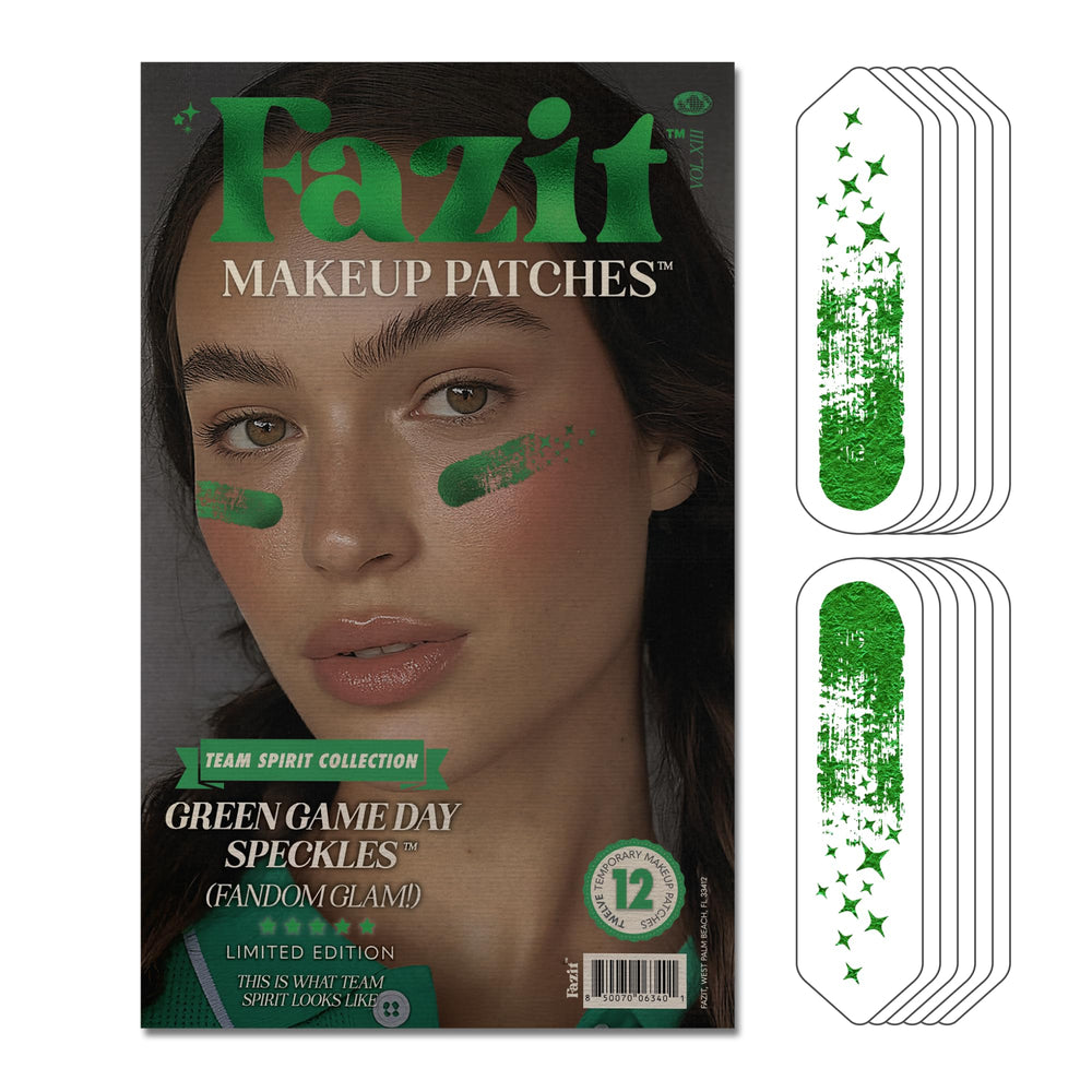 Fazit green game day speckles patch on face close-up shimmering look