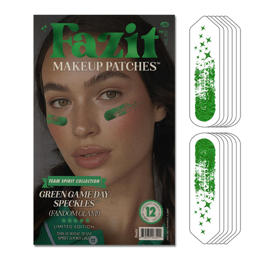 Fazit green game day speckles patch on face close-up shimmering look