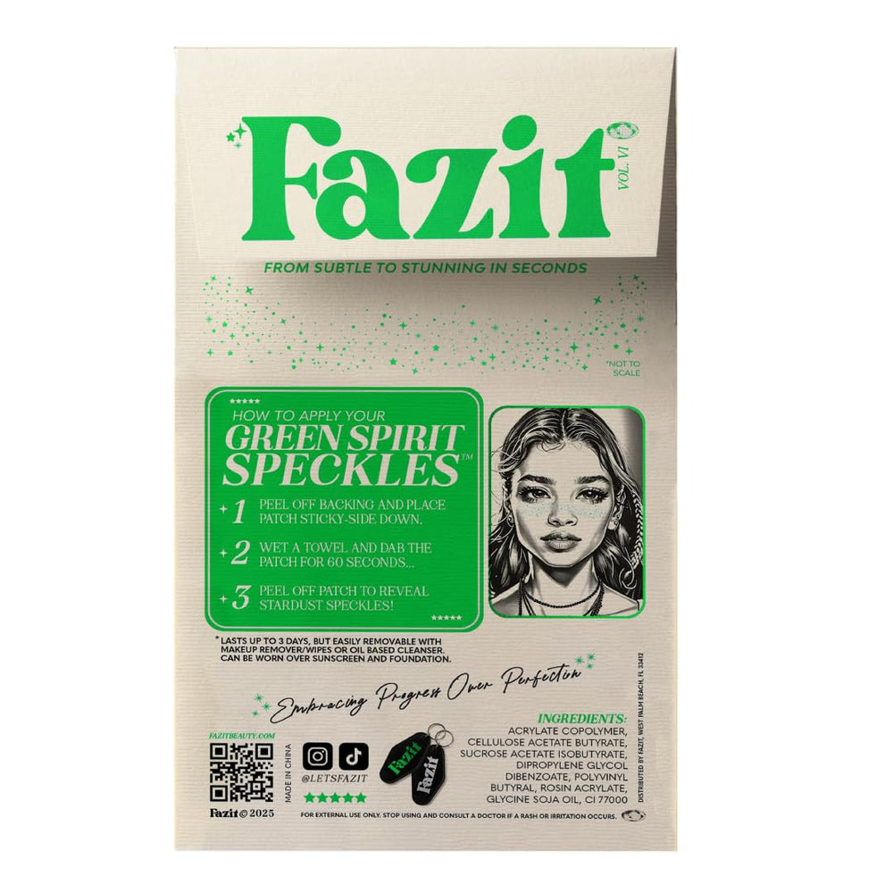 Fazit makeup patches applied on face, shimmering speckles with easy application