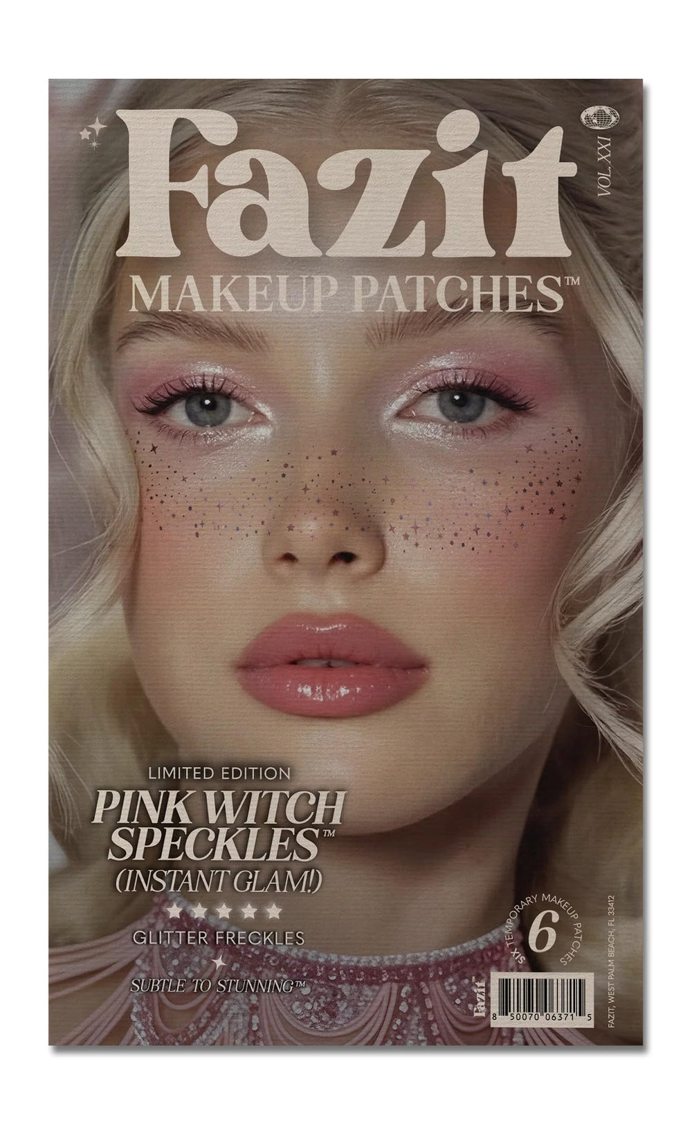 Fazit pink witch speckles makeup patches for glittery facial accents during events.