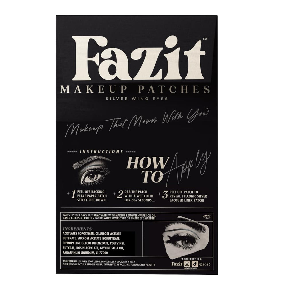 Fazit Silver Wing Eye Patches applied on eyelid for durable, water-resistant sparkle.