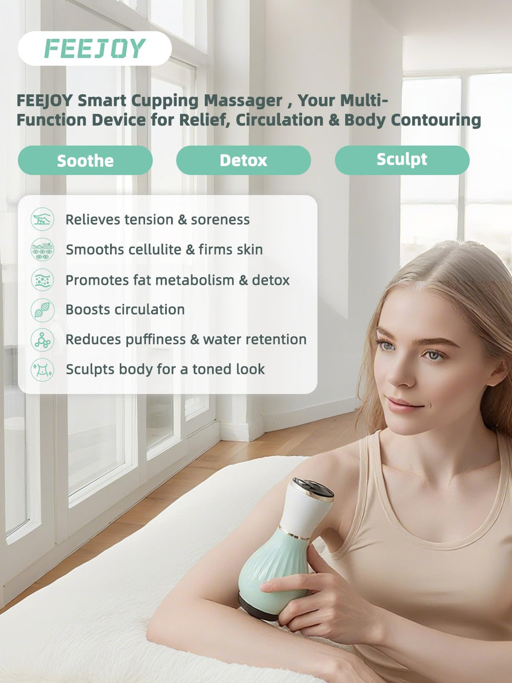 FEEJOY handheld grip image highlights ergonomic handle for stable gliding with lotion during sessions.
