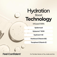 Feel Confident triple HA complex close-up, signaling intense hydration formulation.