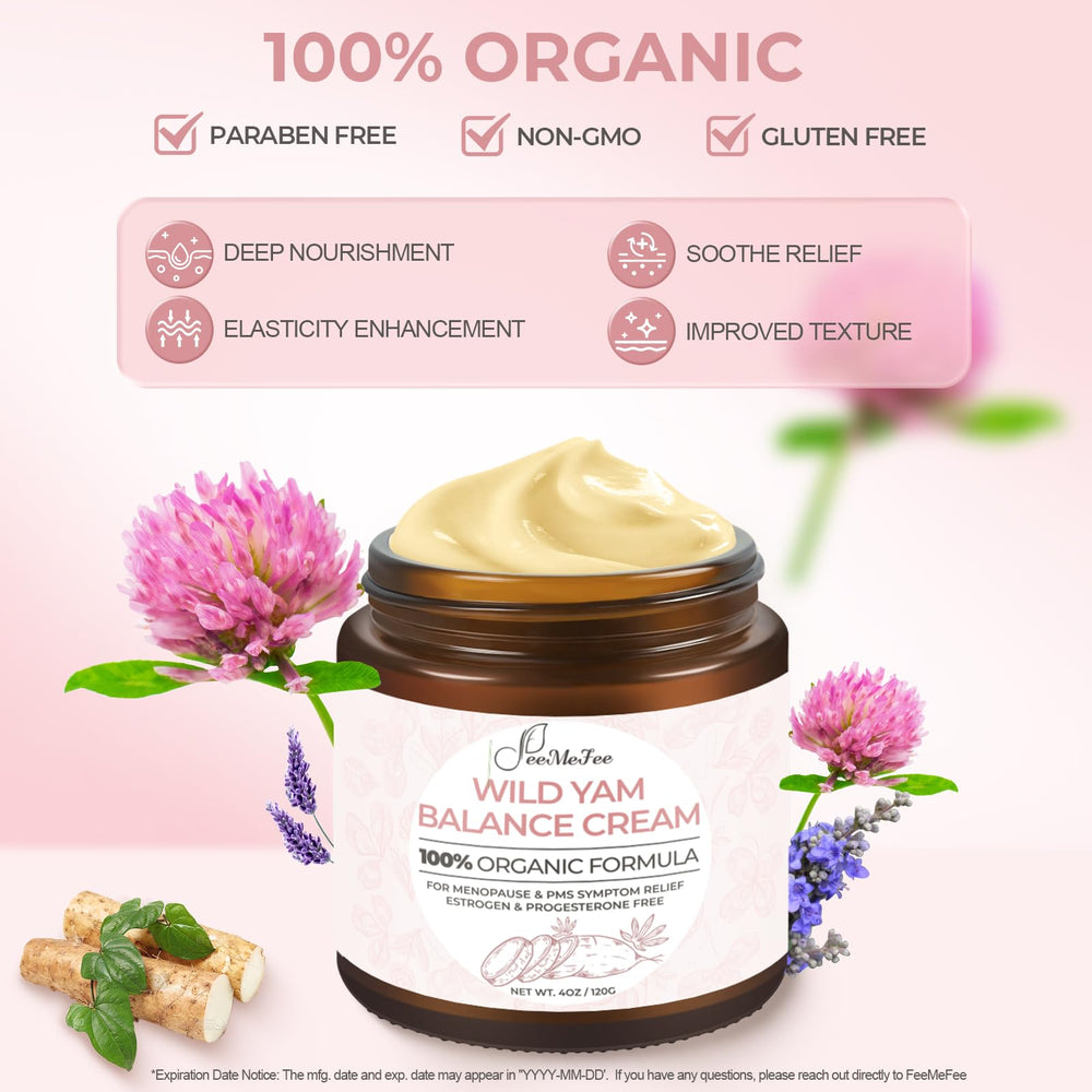 FeeMeFee Wild Yam Cream bottle shows olive oil and antioxidants for refreshed skin.