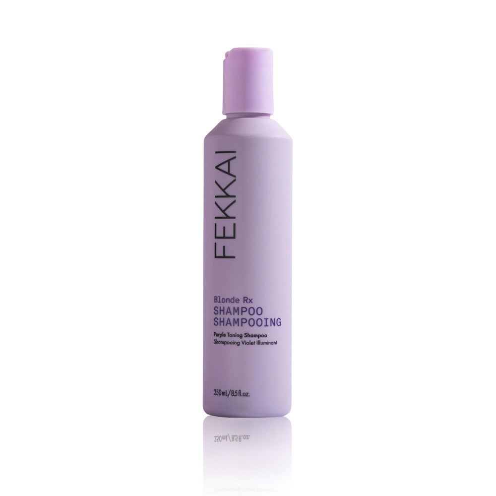 Fekkai Blonde Rx Purple Shampoo bottle with violet pigments neutralizing brass.