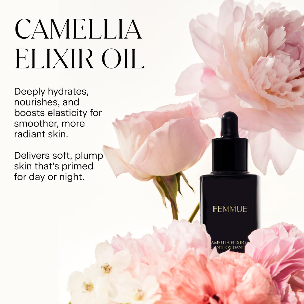 Dropper dispensing FEMMUE Camellia Elixir for fast absorption