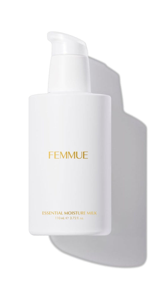 FEMMUE Essential Moisture Milk bottle pump delivering quick hydration for daily use