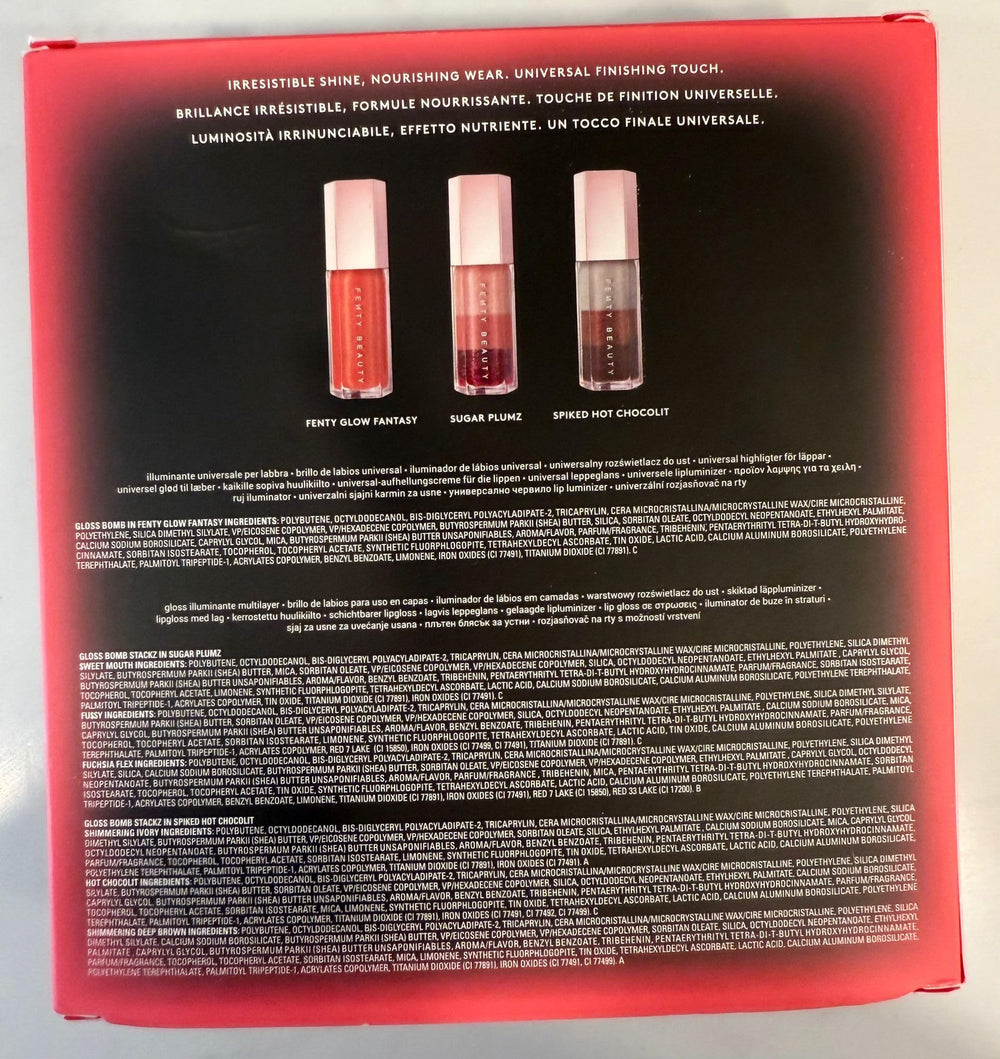 FENTY BEAUTY Gloss Bomb swatches show Glow Fantasy, Sugar Plumz, Spiked Hot Chocolit