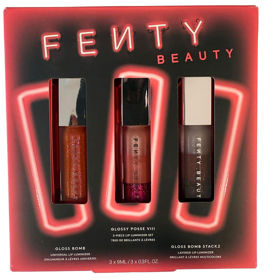 FENTY BEAUTY Glossy Posse VIII packaging displays the trio for on-the-go shine