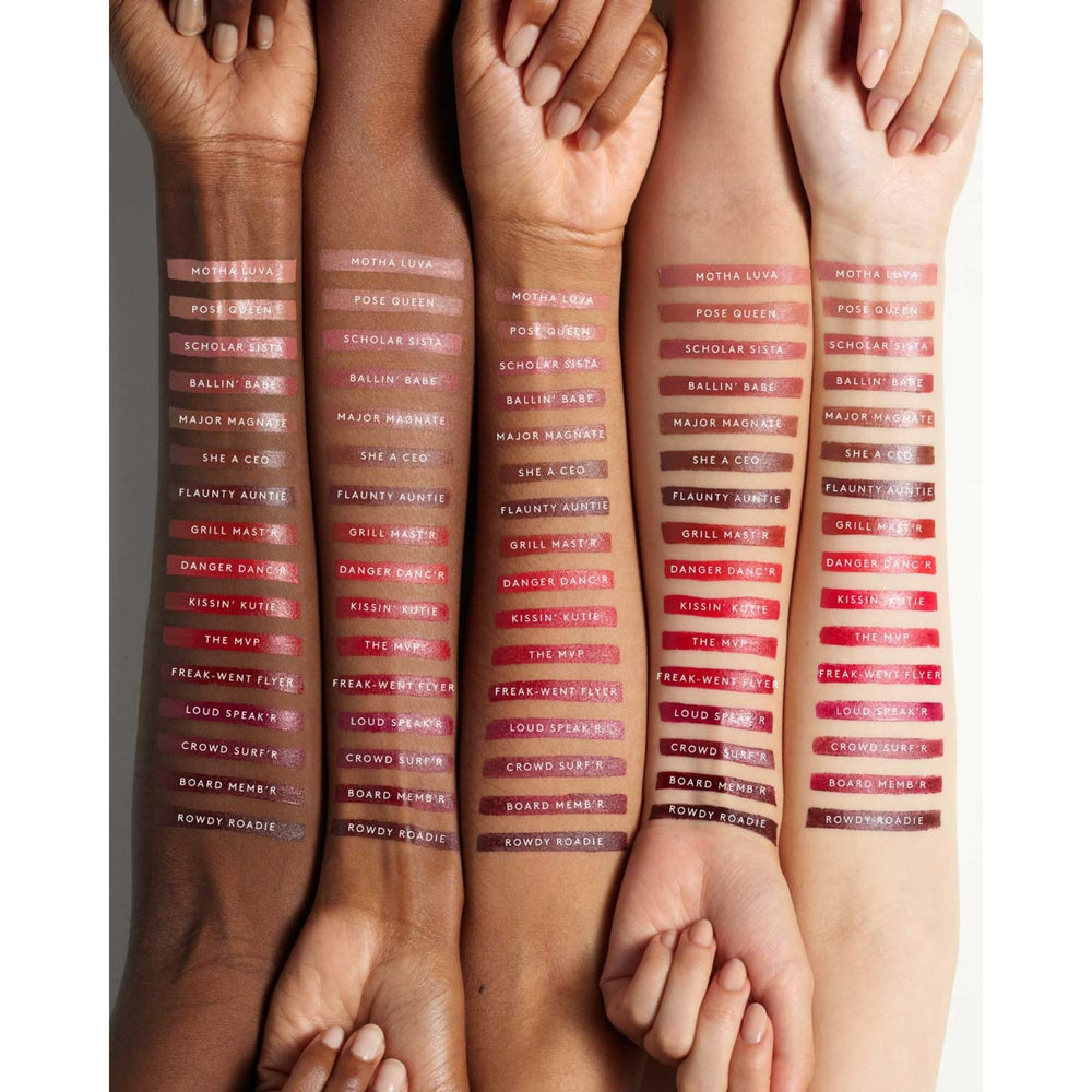 Fenty Beauty Kissin' Kutie nude-pink swatch highlighting semi-matte finish for everyday wear.
