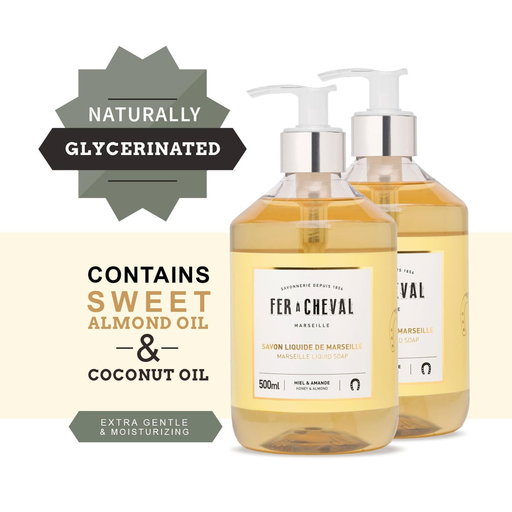 Closeup of Fer à Cheval bottle emphasizes creamy lather and hydrating formula for daily use