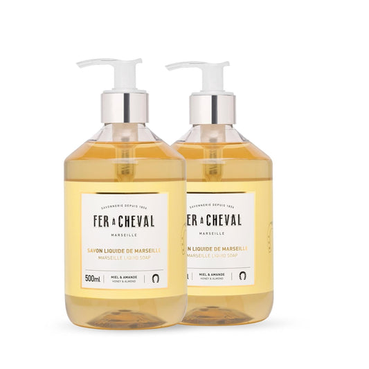 Fer à Cheval Honey & Almond nourishing liquid soap bottle front highlights gentle cleansing and moisture