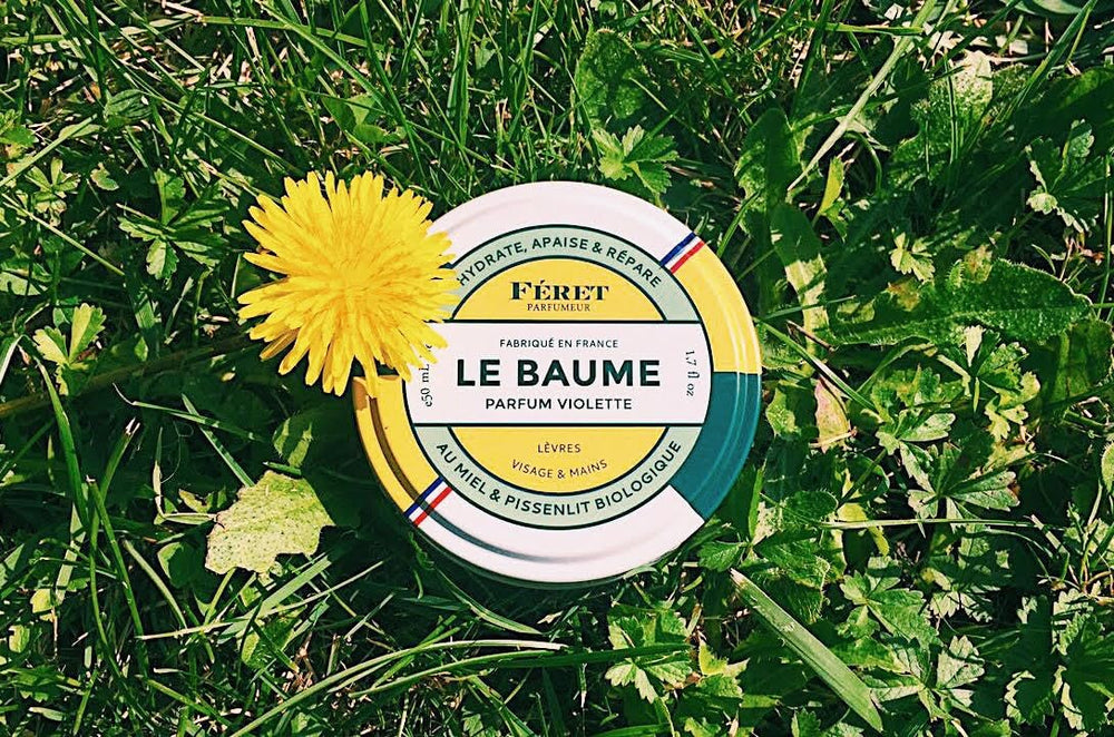 Feret Parfumeur Le Baume Violette compact vanity display for Parisian charm.