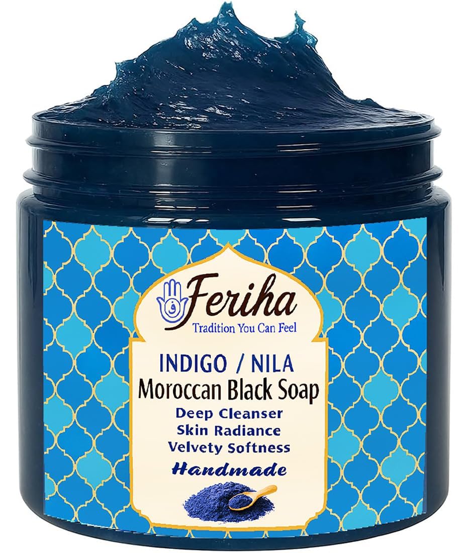 FERIHA Moroccan Black Soap indigo jar—pore cleansing for refreshed skin.